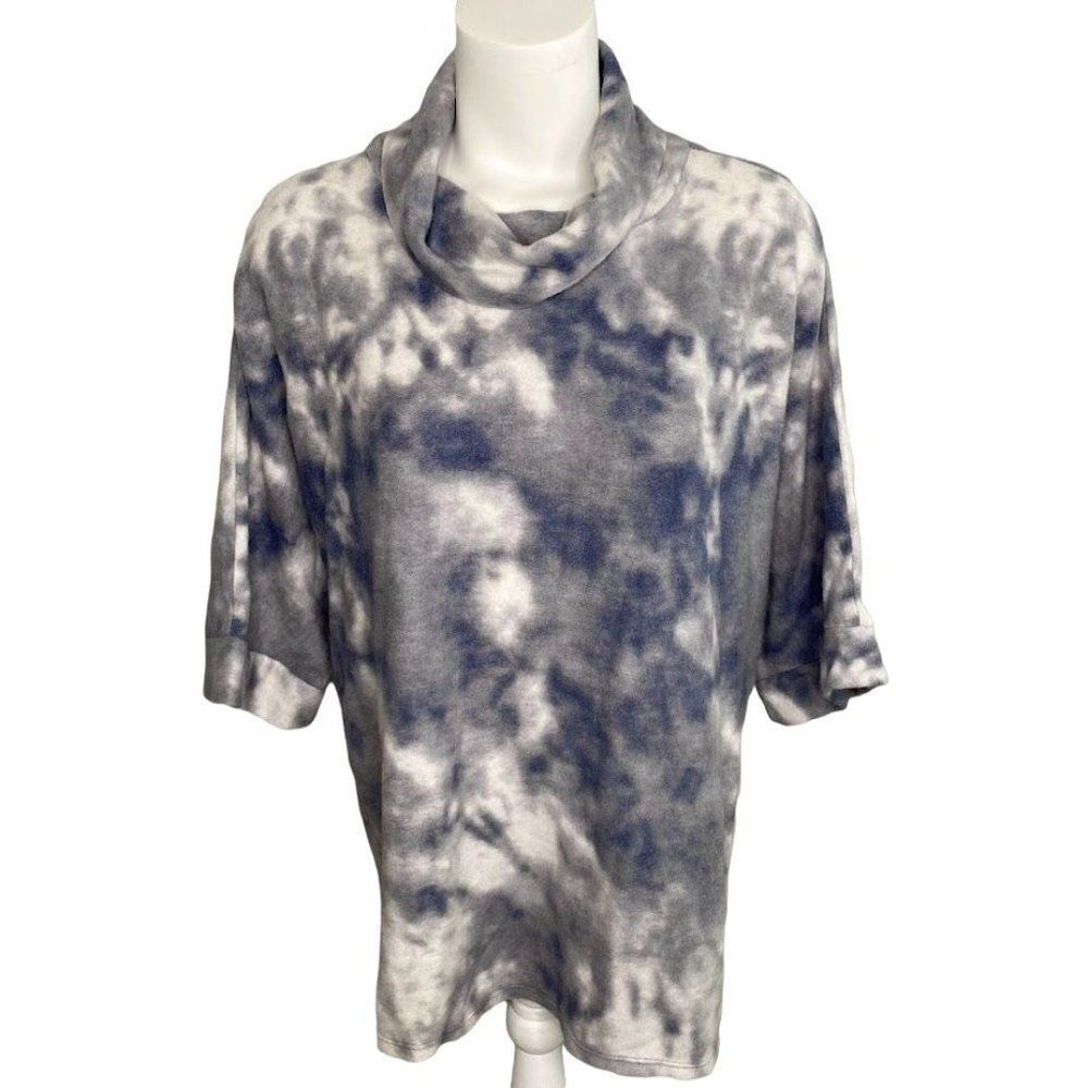Honeyme Cowl-Neck Top Womens LARGE Gray Tie-Dye Super Soft Fluffy Stretch Fleece
